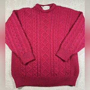 Aran Sweater Market Made in Ireland 100% Wool Red Chunky Sweater Mens Large